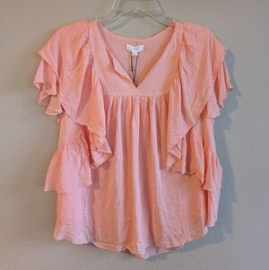 NWT A Loves A Size Large Peach Ruffle V-Neck Blouse Lined